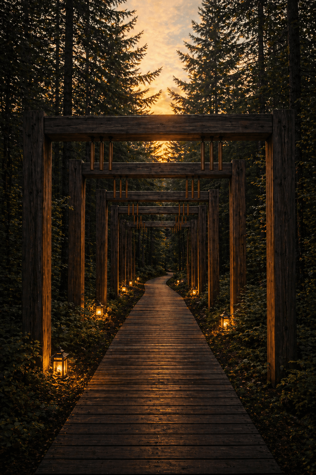 Sentier boisé avec arches en bois et lanternes au crépuscule