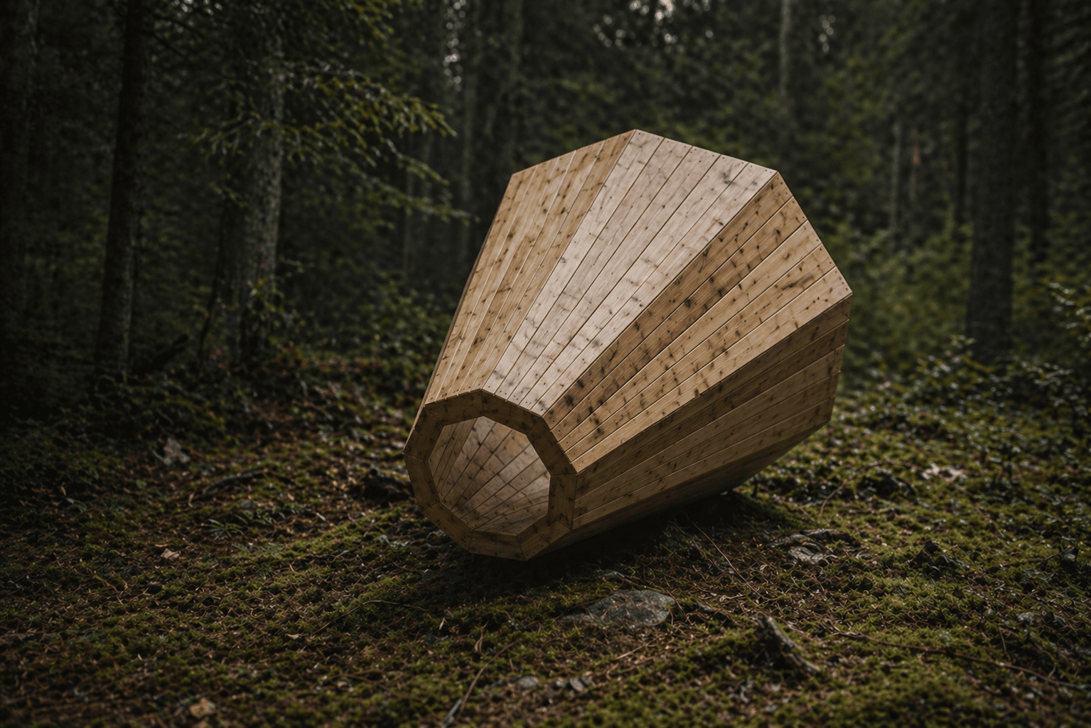 Cône acoustique en bois dans la forêt