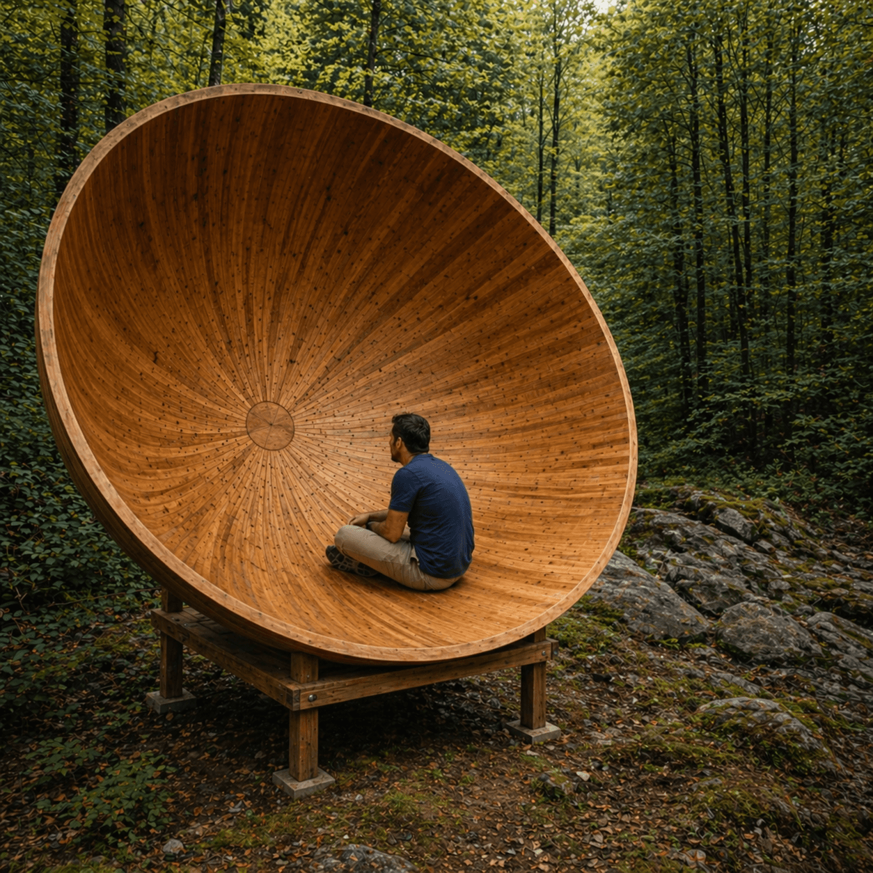 Parabole d'écoute en bois avec visiteur assis