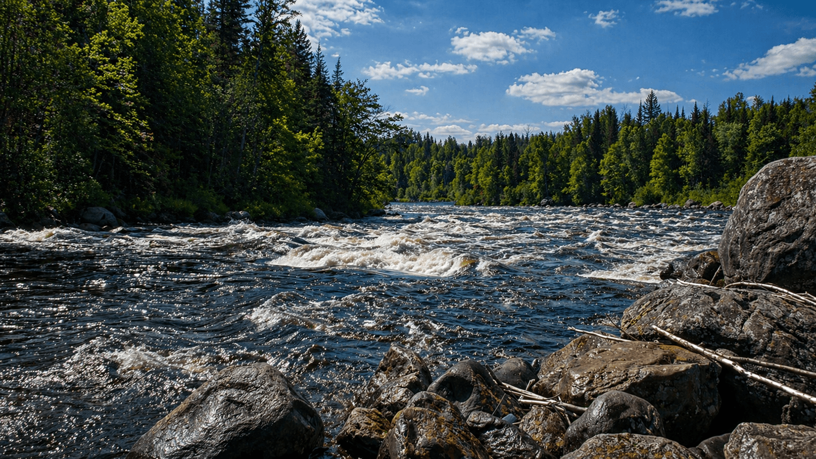Rapides de la rivière avec rochers et forêt boréale